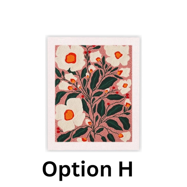 May include: A floral art print featuring white flowers with orange centers and green leaves on a pink background. The artwork is framed with a white border and includes the text "Option H" at the bottom.