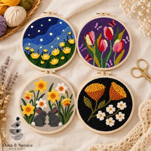 Kit de broderie florale à l'aiguille à poinçonner pour débutants, loisirs créatifs, art textile texturé (kit)