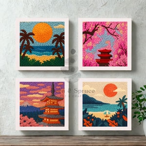 Könnte beinhalten: Vier quadratische, gerahmte Kunstwerke mit strukturierten Darstellungen japanischer Landschaften. Szenen umfassen einen Strand mit Palmen, eine Pagode mit Kirschblüten und einen Sonnenuntergang über einem Berg.