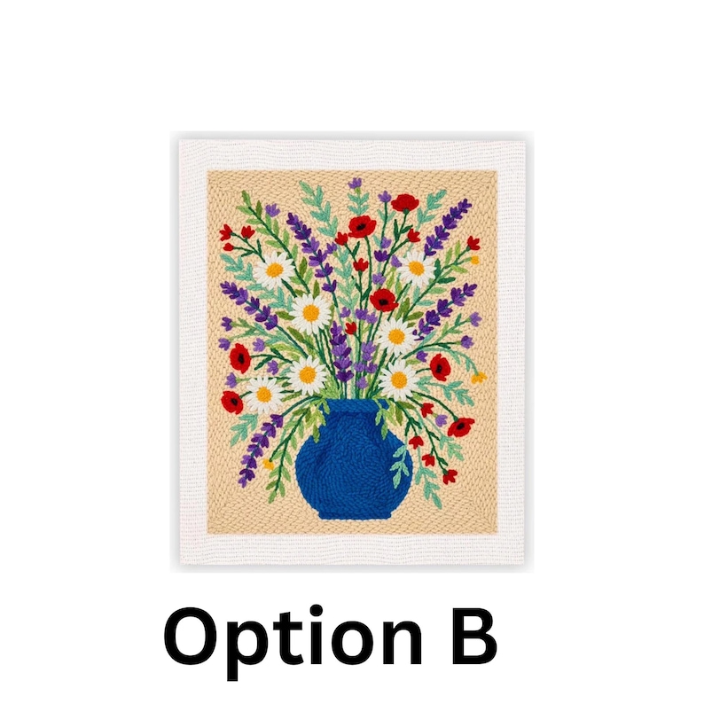 May include: A framed needlepoint artwork featuring a vibrant bouquet of flowers in a blue vase. The flowers include white daisies, red poppies, and purple lavender. The background is a beige color, and the frame is white. The text "Option B" is at the bottom.