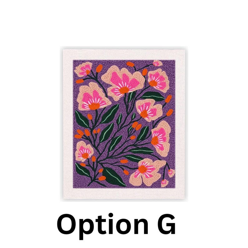 May include: A floral design with pink flowers, orange accents, and green leaves on a purple background. The artwork is framed with a white border and features the text "Option G" at the bottom.