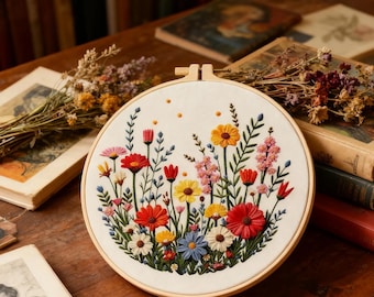 Bloemenborduurpakket voor beginners, moderne bloemenhoepelkunst, doe-het-zelfproject