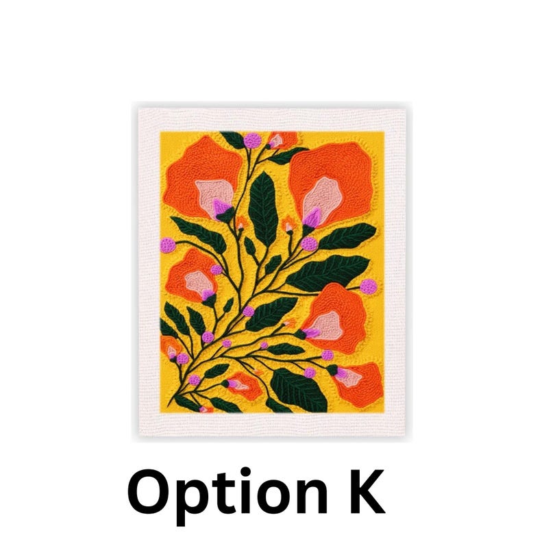 May include: A framed floral art print featuring orange and pink flowers with green leaves on a yellow background. The artwork is framed in a white textured border. The text "Option K" is printed in black at the bottom.