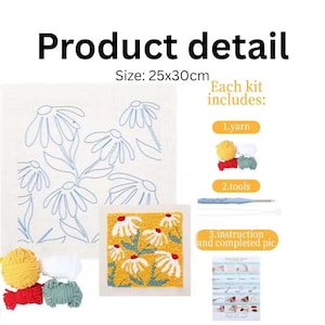 May include: A craft kit with the text "Product detail" and "Size: 25x30cm". The kit includes yarn in various colors, tools, and instructions. The image shows a completed daisy design and a canvas with a daisy outline.