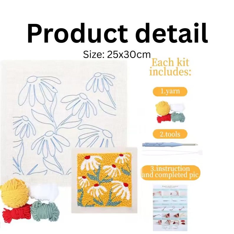 May include: A craft kit with the text "Product detail" and "Size: 25x30cm". The kit includes yarn in various colors, tools, and instructions. The image shows a completed daisy design and a canvas with a daisy outline.