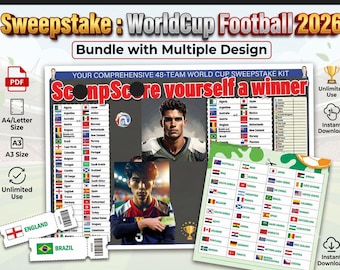 2026 World Cup Football Sweepstake Kit Bundle | Printable Soccer Tournament Office Pool | 48 Team Tracker Sheet Digital Download PDF