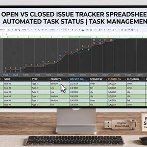 May include: A computer monitor displays a spreadsheet titled "OPEN VS CLOSED ISSUE TRACKER SPREADSHEET | AUTOMATED TASK STATUS | TASK MANAGEMENT." The screen shows a graph and data tables. A USB drive and a "Best Seller" sign are on the desk.