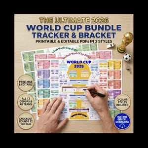 Könnte beinhalten: Das Ultimate 2026 World Cup Bundle Tracker & Bracket mit druckbaren und bearbeitbaren PDFs in 3 Stilen. Das Dokument zeigt ein Turnier-Raster-Layout mit Abschnitten für Gruppen, Teams und K.o.-Runden sowie eine goldene Pokalgrafik.