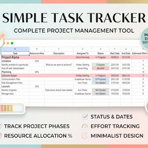 May include: A digital project management tool with a spreadsheet layout. The title "SIMPLE TASK TRACKER" is at the top. The spreadsheet includes columns for task, resource allocation, description, assigned to, status, start and end dates, and estimated effort. Features include project phases, resource allocation, and effort tracking.