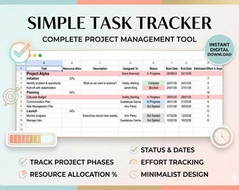 Hoja de cálculo sencilla para el seguimiento de tareas, planificador de productividad minimalista (Google Sheets)