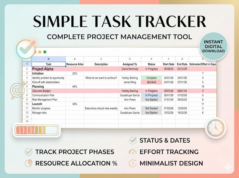 May include: A digital project management tool with a spreadsheet layout. The title "SIMPLE TASK TRACKER" is at the top. The spreadsheet includes columns for task, resource allocation, description, assigned to, status, start and end dates, and estimated effort. Features include project phases, resource allocation, and effort tracking.