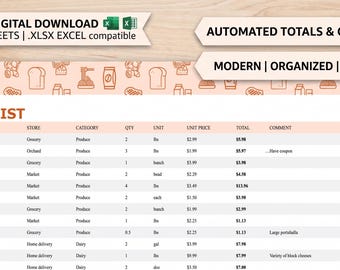 Plantilla automatizada para lista de la compra / Google Sheets, Excel (Descarga digital)