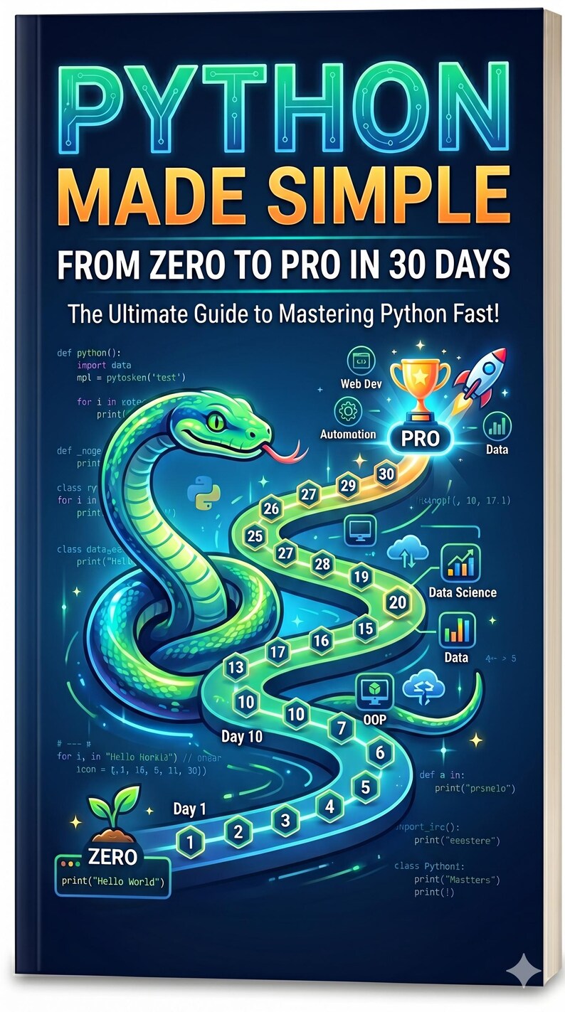 以下が含まれることがあります： 「PYTHON MADE SIMPLE」というタイトルの本の表紙。緑色のヘビのイラストが描かれています。表紙には、30日でPythonを学ぶこと、Web開発、データサイエンスなどのアイコンが記載されています。