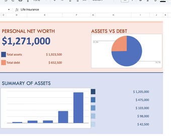 Hoja de cálculo de Google para el seguimiento automatizado del patrimonio neto / Hoja de cálculo de activos frente a deudas / Panel de control de patrimonio / Plantilla de balance financiero personal