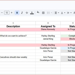 May include: A spreadsheet titled "Simple Task Tracker" with columns for Task, Resource Allocation, Description, Assigned To, Status, Start Date, End Date, and Estimated Effort in Days. The spreadsheet is color-coded with pink highlighting rows.