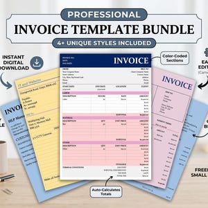 Könnte beinhalten: Ein professionelles Rechnungs-Vorlagen-Bundle mit über 4 einzigartigen Stilen. Das Bild zeigt mehrere Rechnungsbeispiele in verschiedenen Farben, darunter Rosa, Blau und Gelb. Zu den Funktionen gehören farbcodierte Abschnitte, individuelles Branding und automatische Gesamtberechnung.