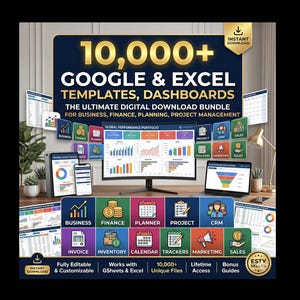 Op de afbeelding: Een digitaal pakket van 10.000+ Google en Excel sjablonen en dashboards voor business, financiën, planning en projectmanagement. De afbeelding toont diverse grafieken, iconen en schermvoorbeelden voor business, financiën, planner, project, CRM, factuur, inventaris, kalender, trackers, marketing en verkoop.