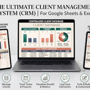 Puede incluir: Un sistema digital de gestión de clientes (CRM) se muestra en un portátil y dos tabletas. El sistema incluye el seguimiento de tareas, perfiles de clientes y visualización de datos. La imagen también muestra iconos para la gestión de clientes, el seguimiento de tareas, la visualización del crecimiento, etc.