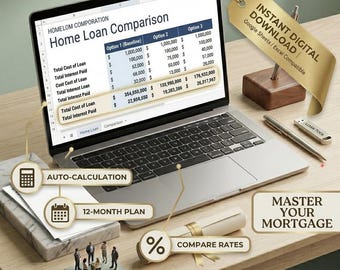 Hoja de cálculo para comparar hipotecas / Calculadora de préstamos, Planificador de presupuesto (Descarga digital)