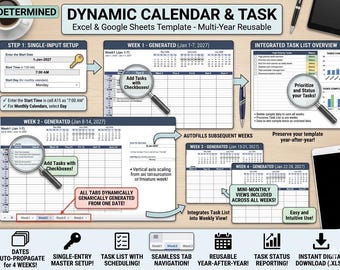 Dynamic Weekly Calendar Google/Excel Template | Monthly Planner Google Sheets | Digital Calendar Spreadsheet Automated Month Plan Tracker