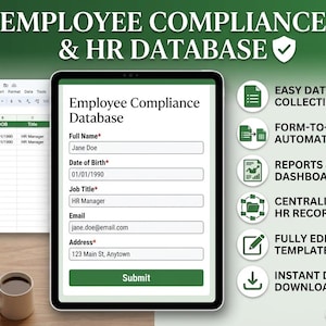 May include: An image promoting an employee compliance and HR database. A tablet displays a form with fields for name, date of birth, job title, email, and address. The text includes "Easy Data Collection" and "Instant Digital Download."