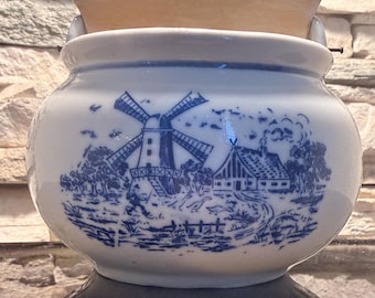 Vintage Delft Blue Windmill Salt Box Crock, Wood Lidded Wall Hanging Porcelain