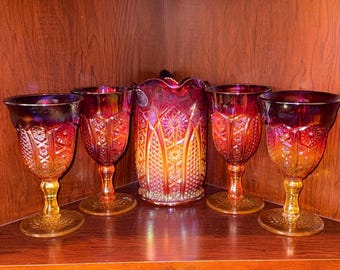 Vintage Indiana Glass Amberina Pitcher & Goblet Set – 7 Piece Orange UV Reactive Glass – Kings Crown Thumbprint – Original Sticker