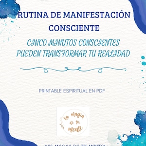 Puede incluir: Una impresión digital con un diseño de acuarela en tonos azules y blancos. El texto dice "RUTINA DE MANIFESTACIÓN CONSCIENTE" y "CINCO MINUTOS CONSCIENTES PUEDEN TRANSFORMAR TU REALIDAD". Incluye la frase "PRINTABLE ESPIRITUAL EN PDF".