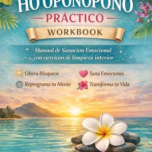 May include: A workbook titled "HO'OPONOPONO - PRÁCTICO WORKBOOK" with a tropical theme. The cover features a serene ocean scene with a white flower, text in Spanish, and floral accents. It promises emotional healing and inner cleansing.