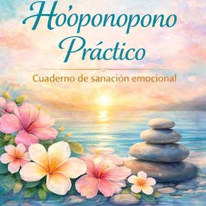 Puede incluir: Portada de libro con el título "Ho'oponopono Práctico" en escritura turquesa, con una escena de playa serena con flores rosas y blancas, piedras apiladas y una puesta de sol. El nombre del autor está en la parte inferior.