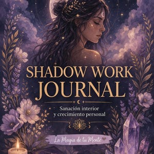 Puede incluir: Portada del libro "Shadow Work Journal" con un tema celestial. Presenta un retrato de mujer, una luna creciente, estrellas y elementos florales en tonos morados y dorados. El título y el texto adicional son dorados.