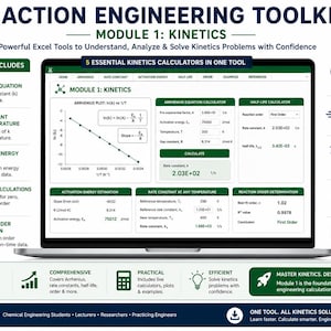 以下が含まれることがあります： ノートパソコンの画面に表示されたReaction Engineering Toolkit Module 1 KineticsのデジタルExcelインターフェース。ダッシュボードには、アレニウスの式、速度定数、活性化エネルギー、半減期、反応次数を計算するための計算機が含まれています。