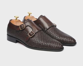 Men's Dark Brown Hand Woven Calf Leather Double Monkstrap
