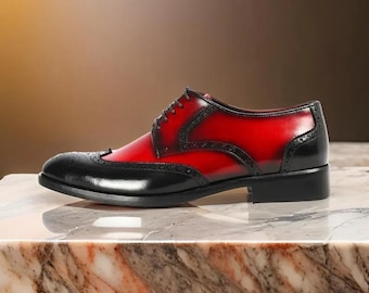 Zapatos de vestir Oxford con cordones y puntera alada, rojos y negros, hechos a mano para hombre.