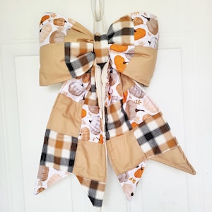 Neutral Patchwork Pumpkin Bow Door Hanger | Farmhouse Fall Autumn Decor