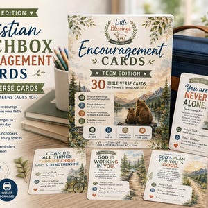 May include: A set of Little Blessings Teen Edition Christian lunchbox encouragement cards featuring 30 Bible verse cards. The packaging and individual cards display nature-themed illustrations, including mountains and forests, with printed text.