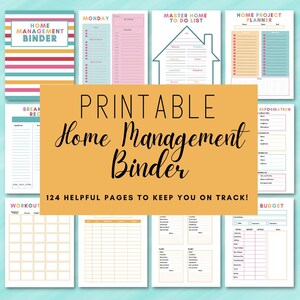 Op de afbeelding: Een verzameling printbare pagina's voor een huishoudmap met kleurrijke koppen en georganiseerde lay-outs voor dagelijkse schema's, projecten, maaltijdplanning en budgetten, met de tekst Printable Home Management Binder in het midden.