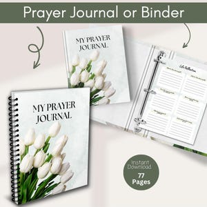 Op de afbeelding: Een spiraalgebonden gebedsdagboek en een ringband met drie ringen, beide voorzien van een ontwerp met witte tulpen op een lichte achtergrond. De omslag van het dagboek bevat de tekst "MY PRAYER JOURNAL". De open ringband toont een pagina "Life Reflection".