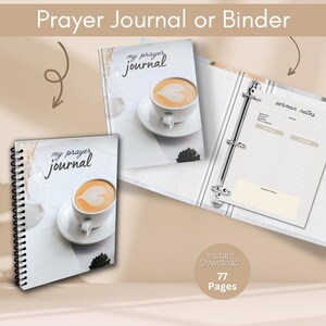 Op de afbeelding: Een gebedsdagboek of map met een omslag met een afbeelding van een kopje koffie en de tekst My Prayer Journal. De binnenpagina's bevatten een sjabloon voor preeknotities met velden voor datum, kerk, spreker en hoofdtekst, in totaal 77 pagina's.