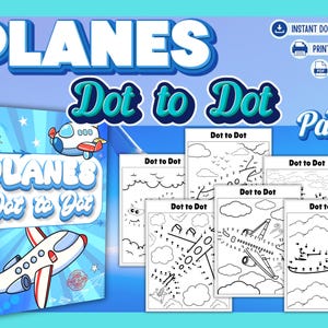 Op de afbeelding: Een blauw en wit Planes Dot to Dot-activiteitenboek met een spiraalbinding, met een cartoonvliegtuigafbeelding. De afbeelding toont ook verschillende zwart-wit dot-to-dot pagina's met vliegtuigillustraties. De tekst luidt "Planes Dot to Dot" en "20 pagina's."