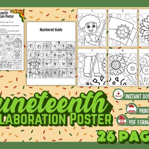 Peut inclure: Un ensemble d'affiches de collaboration Juneteenth avec 26 pages, comprenant un guide numéroté et des pages à colorier individuelles. La conception comprend des illustrations de personnes, de drapeaux et de tournesols, avec le mot "Freedom" et le texte "Juneteenth Collaboration Poster".