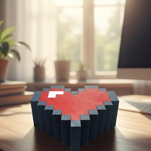 Puede incluir: Un objeto en forma de corazón pixelado con la parte superior roja y los lados azul oscuro. El corazón tiene un píxel blanco en la esquina superior izquierda. El objeto está sobre un escritorio de madera, con una computadora y plantas en el fondo.