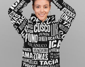 Peru Typography Hoodie | Peru Regions Word Cloud Pullover | Peruvian Map Hoodie | Latin Heritage Streetwear | Black and White Graphic Hoodie