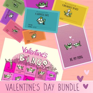 Op de afbeelding: Een Valentijnsdagbundel met kaarten en een bingospel. De kaarten bevatten kikkerillustraties en zinnen als "1 Surprise Date" en "Be My Frog". Het bingospel heet "Valentine's BINGO".