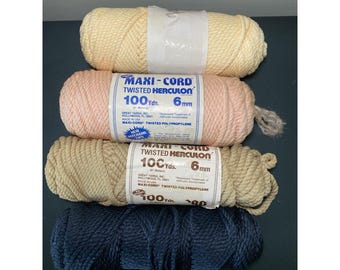 Lote de 4 cordones vintage Maxi Cord Twisted Herculon de 6 mm para macramé, color rosa, azul marino y neutro.