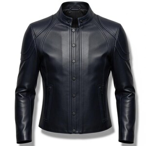 May include: A navy blue leather jacket with a stand-up collar and button closure. The jacket features subtle stitching details on the shoulders and along the seams, and has two front pockets. The jacket is a classic style.