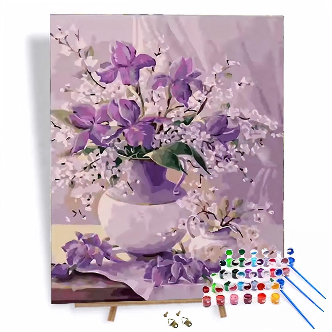 Purple Flowers in a Vase Paint by Numbers Kit : DIY Acrylic Painting ...