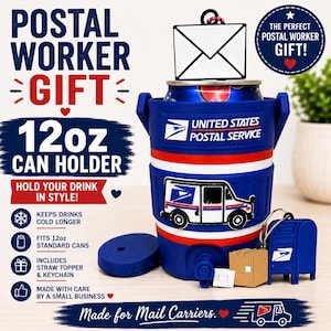 May include: A blue 12oz can holder featuring the United States Postal Service logo and a mail truck graphic. It includes a white envelope straw topper, a blue mailbox keychain, and a small brown cardboard box accessory on a light surface.