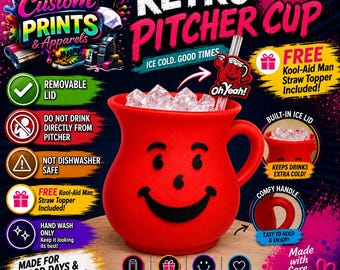 Retro Pitcher Cup Straw Topper Included | 90s Inspired Cold Drink Cup