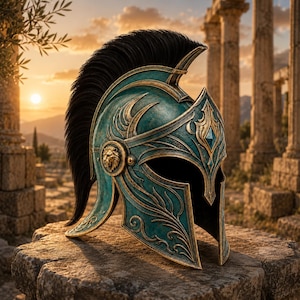May include: A teal and gold Corinthian-style helmet featuring an ornate lion head emblem on the side, intricate embossed scrollwork, a central blue gemstone accent, and a tall, sweeping black crest made of stiff, dark, upright bristles.
